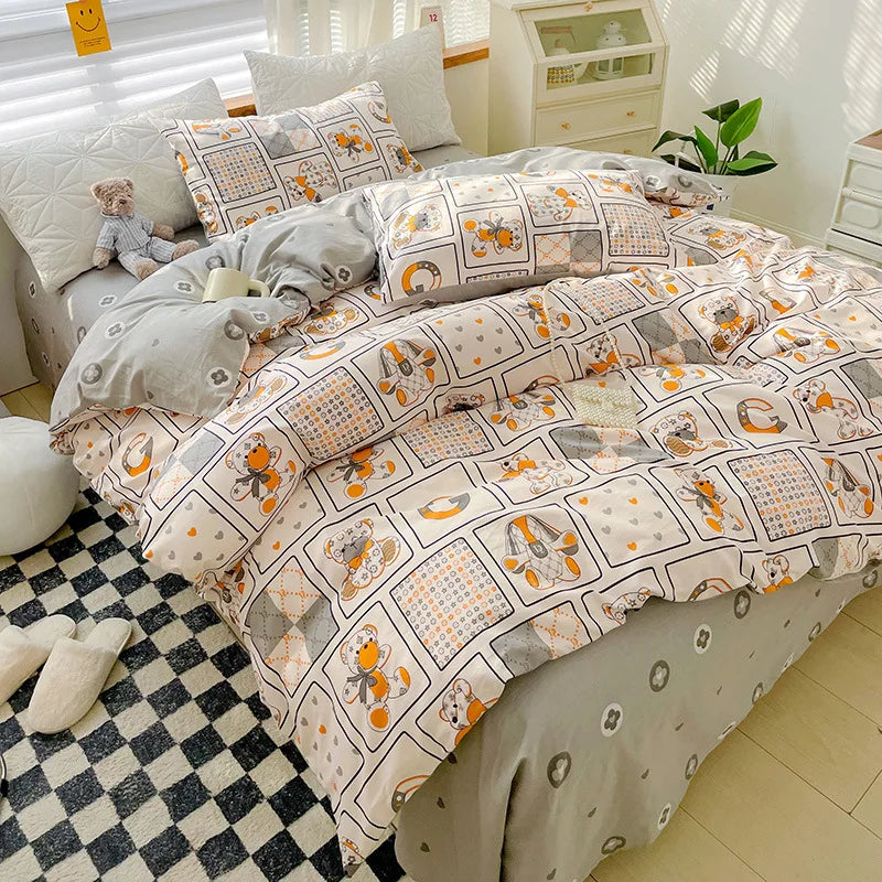 Ins Style Bedding Set Cotton Soft Flat Fitted Sheet Duvet Cover Pillowcase Floral Rabbit Boy Girls Home Textile Bedclothes