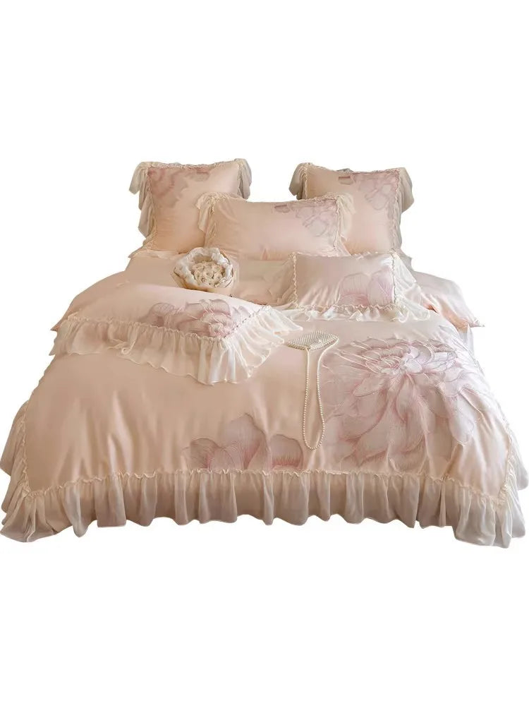Princess Long Stable Cotton Duvet Cover Set Four Piece Set French Flower Embroidery Quilt Cover Lace Bedding Set Bedsheets