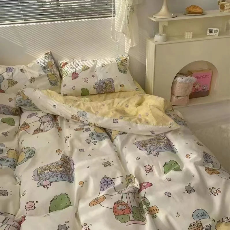 INS Gradual Cream Pink Green Bedding Set Floral Duvet Cover Pillowcase Kawaii Bed Sheet Quilt Cover Single Queen King Size