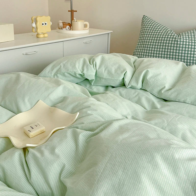 Japanese Simple Stripe Quilt Cover Washed Cotton Bed Sheet Pillowcase Twin Full Queen Bed Linen Adult Duvet Cover Set No Filler