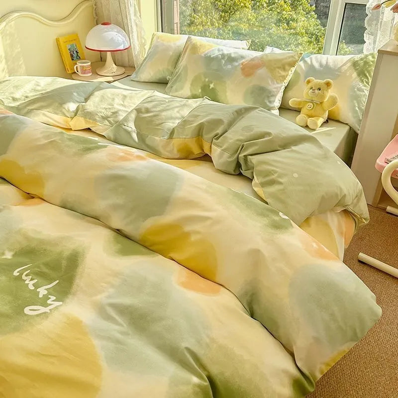 Kawaii Cherry Duvet Cover Set Pillowcase Flat Sheet Floral Boys Girls Twin Full Size Soft Bedding Kit Korean Ins Style Home Use