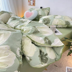 Student Dormitory Three-piece Ins Oil Painting Wind Tulip Quilt Set Double Yarn Four-piece Set 1.8 Washed Cotton Bed Girl