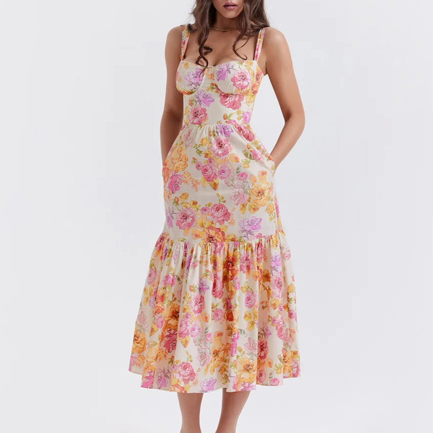 Cream White Floral Layered Midi A-Line Dress