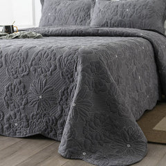 100% Cotton Grey Flowers 3pcs Embroidered Quilted Quilt Pillowcase Free Shipping
