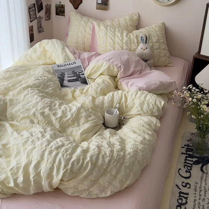 Seersucker Princess Girls Bedding Set Duvet Cover Korean Four PIECE  Washed Cotton Bed Sheet  Cover Quilt Set