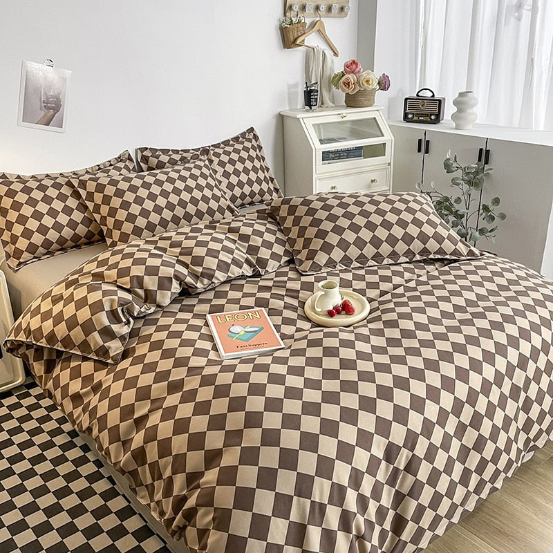 King Size Bedding Set with Quilt Cover Flat Sheet Pillowcase Kids Girls Boys Checkerboard Pinted Single Double Bed Linen