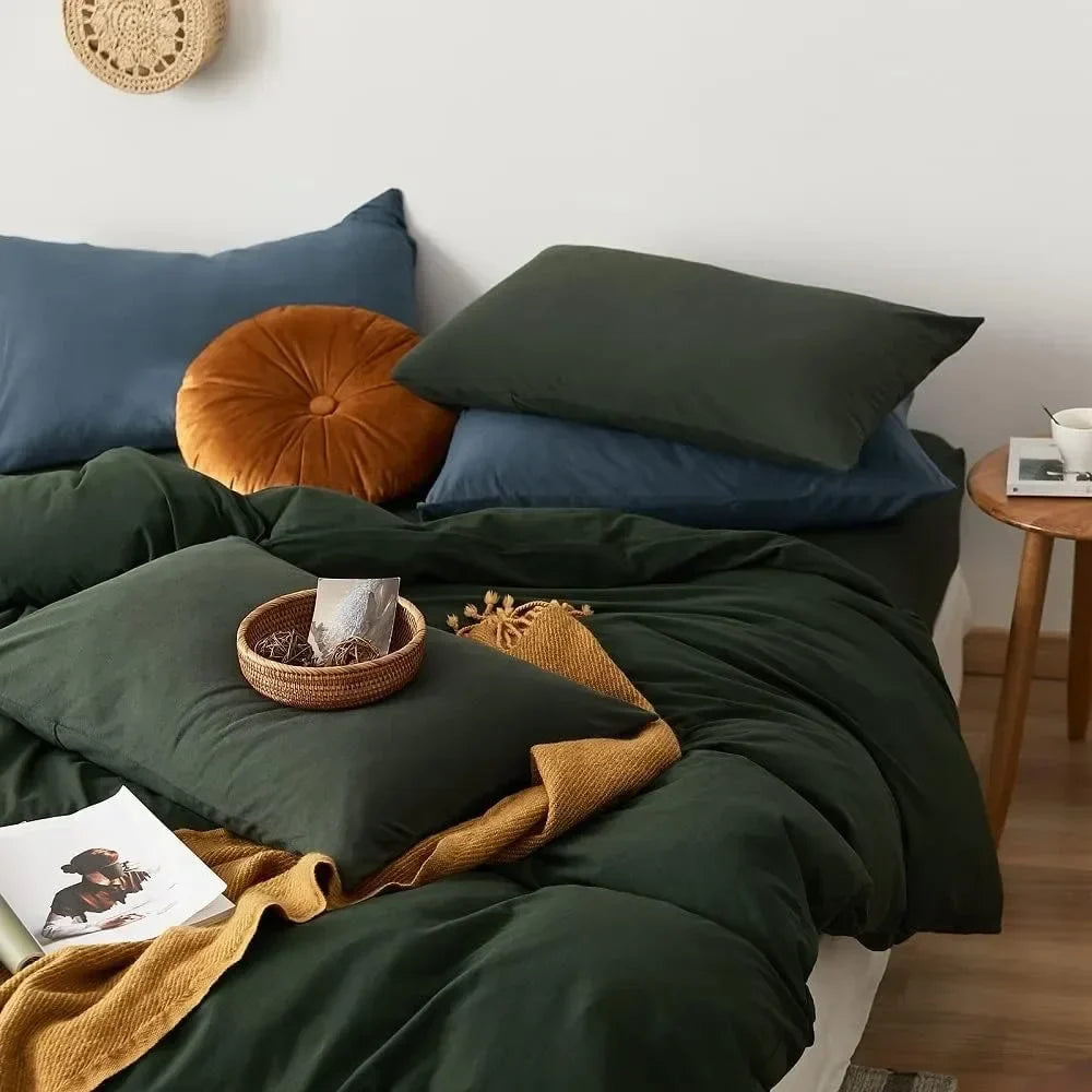 Dark Green Duvet Cover 100% Jersey Knit Cotton Duvet Cover Queen Olive Green Comforter Bedding Quilt Cover with 2 Pillowcases