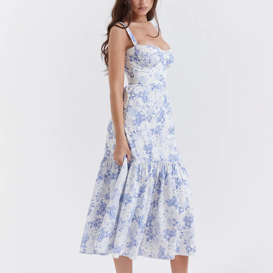 Blue Floral Layered Midi A-Line Dress