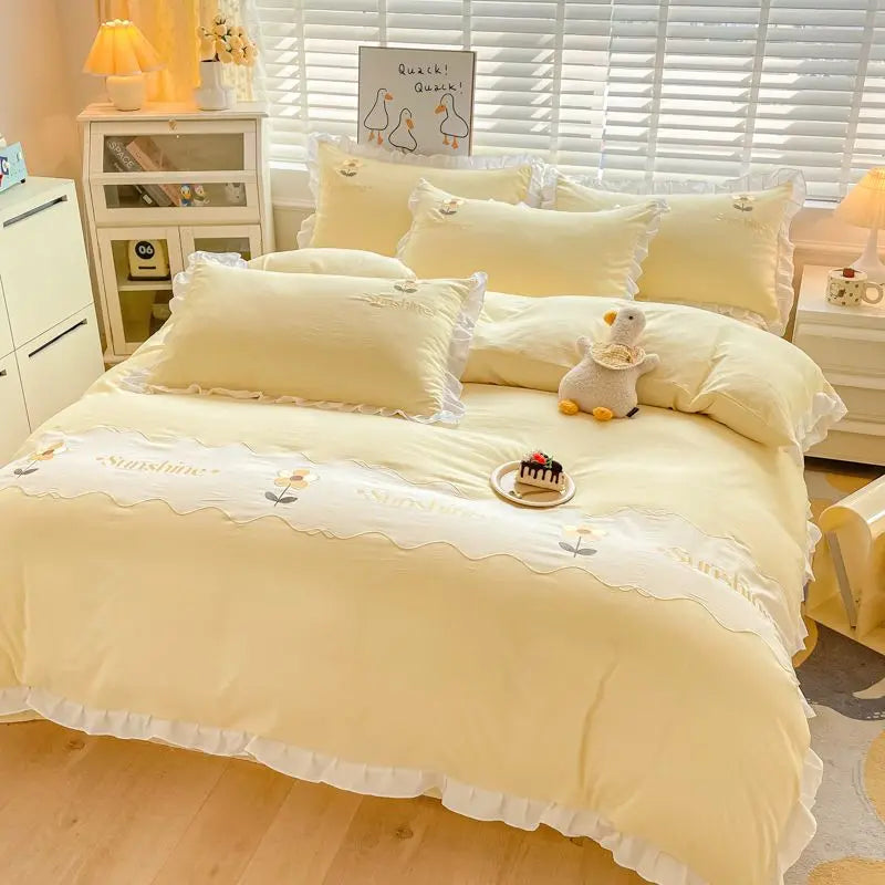Ins Korean Style Bedding Set with Ruffles Princess Duvet Cover No Filling Flat Sheet Pillowcases Kit Girls Blue Pink Solid Color