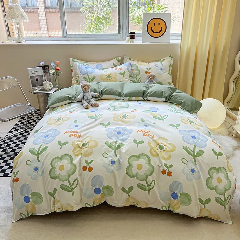  Floral Printed Duvet Cover Set with Sheet Pillowcases Warm Cute Cartoon Bed Linen Full Queen Size Home Gift Bedding Set