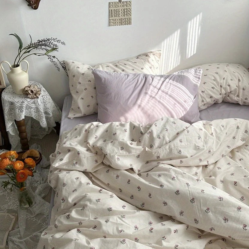 Ins Style Bedding Set No Filler Purple Tulip Fashion Duvet Cover Flat Sheet Pillowcase Girls Boys Single Double Size Bed Linen