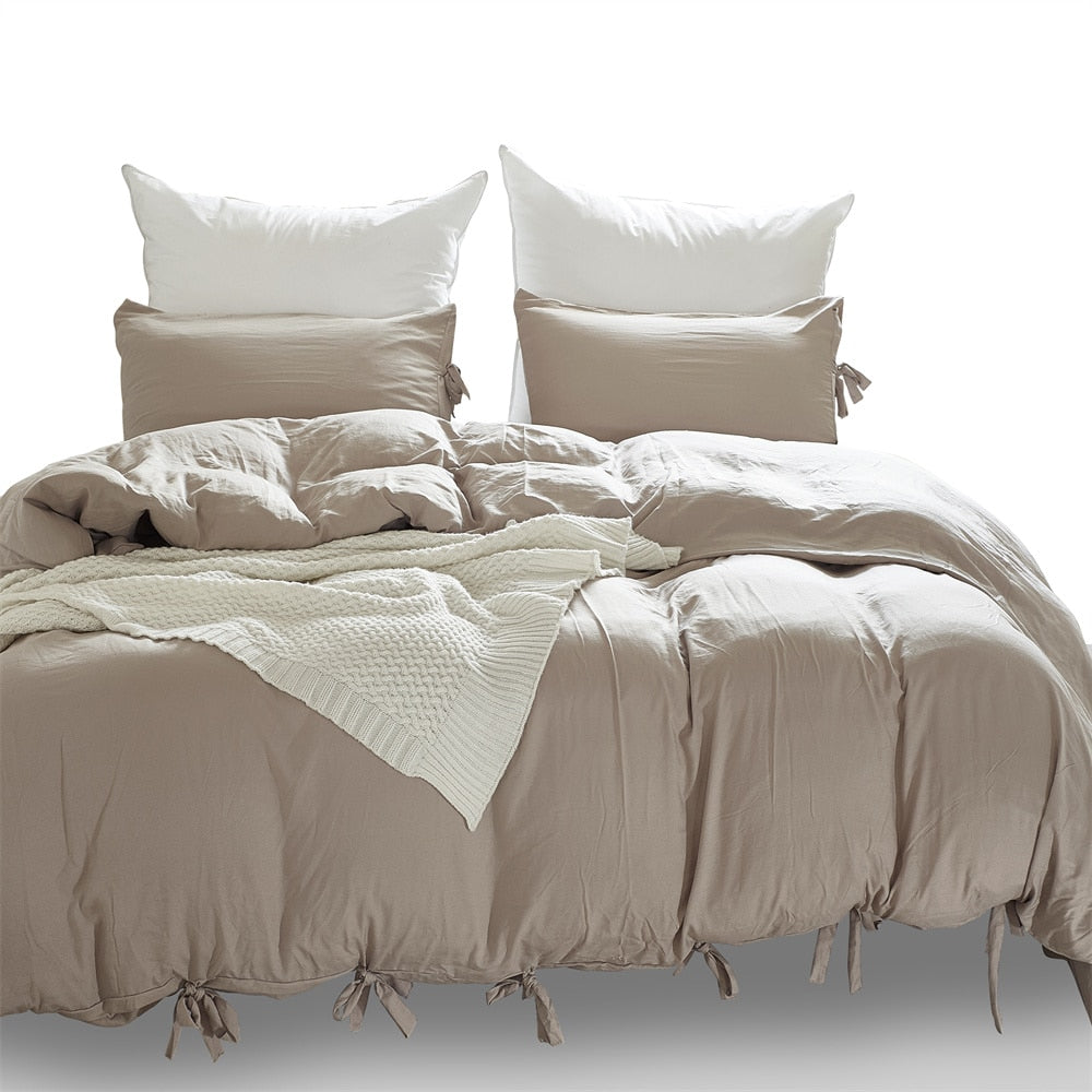 Unique Lace Up Design Thickened Washed Cotton Queen Bed King Size Bedding Sets Duvet Cover with Pillowcases No Sheets