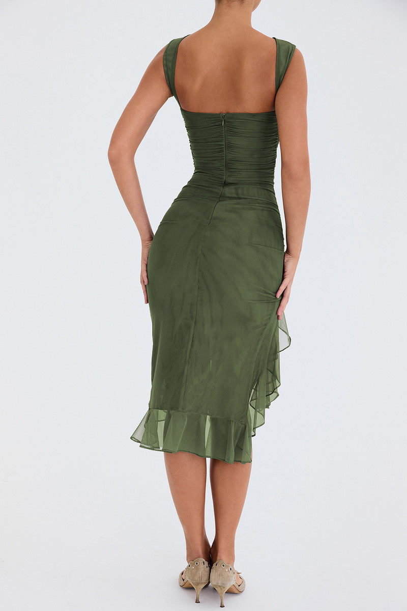 Green Sleeveless Backless Ruffle Midi Dress