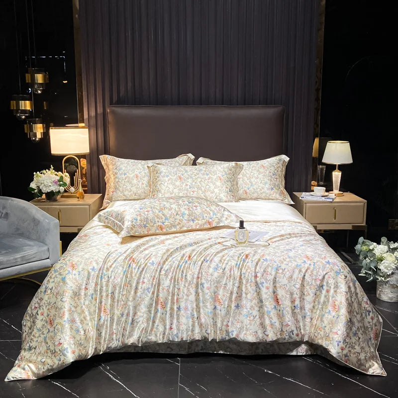 Natural Silk Bedding Set High-End Luxury Soft Silky Quilt Cover Set Single Double King Size Printing Duvet Cover Set