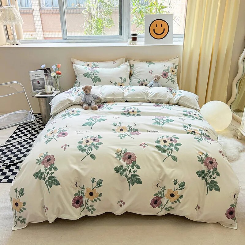  Floral Printed Duvet Cover Set with Sheet Pillowcases Warm Cute Cartoon Bed Linen Full Queen Size Home Gift Bedding Set