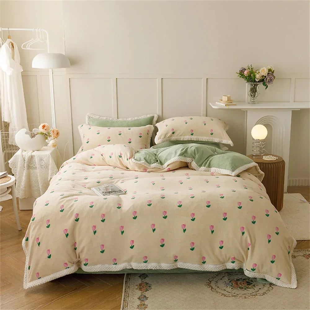 Milk Velvet Bedding Set Thicken Bound Edge High Weight Winter Warm Four Piece Set Quilt Cover Bed Linen Pillowcase Bedroom Decor