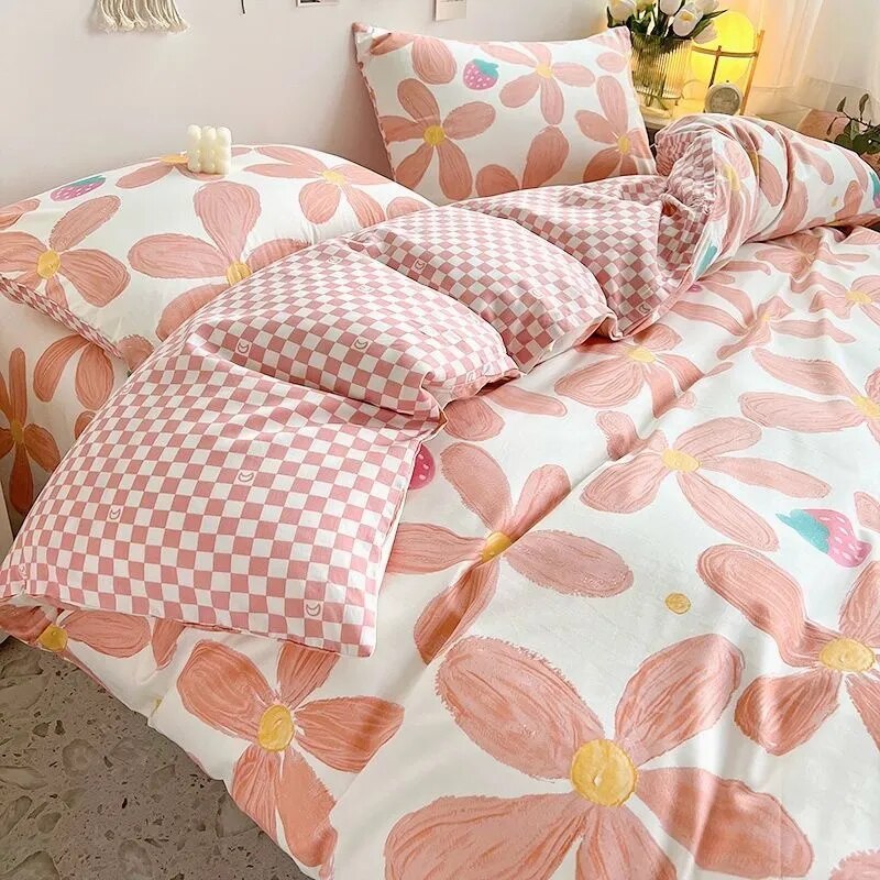 Kawaii Cherry Duvet Cover Set Pillowcase Flat Sheet Floral Boys Girls Twin Full Size Soft Bedding Kit Korean Ins Style Home Use