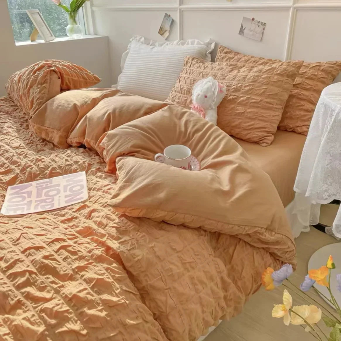 Princess Bedding Set  French Style Wash Cotton Solid Color Seersucker Summer Soft 4New Bed Sheet Set Comforter Set