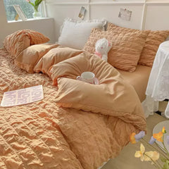 Princess Bedding Set  French Style Wash Cotton Solid Color Seersucker Summer Soft 4New Bed Sheet Set Comforter Set