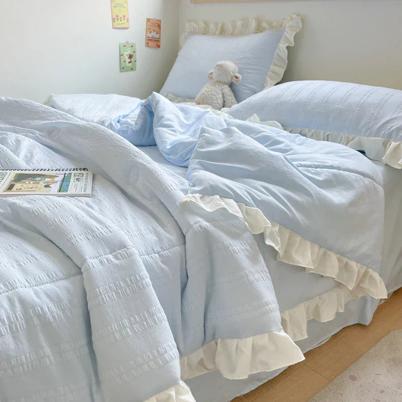 Korean Princess Style Summer Cool Quilt Comforter Soft Seersucker Lace Ruffles Summer Thin Quilt Blanket Machine Washable
