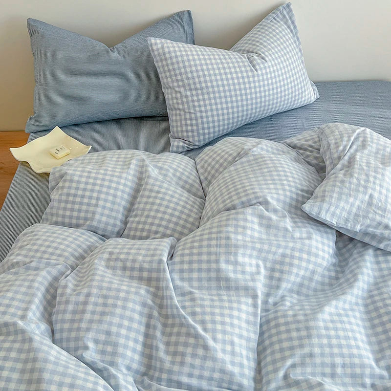 Japanese Simple Stripe Quilt Cover Washed Cotton Bed Sheet Pillowcase Twin Full Queen Bed Linen Adult Duvet Cover Set No Filler