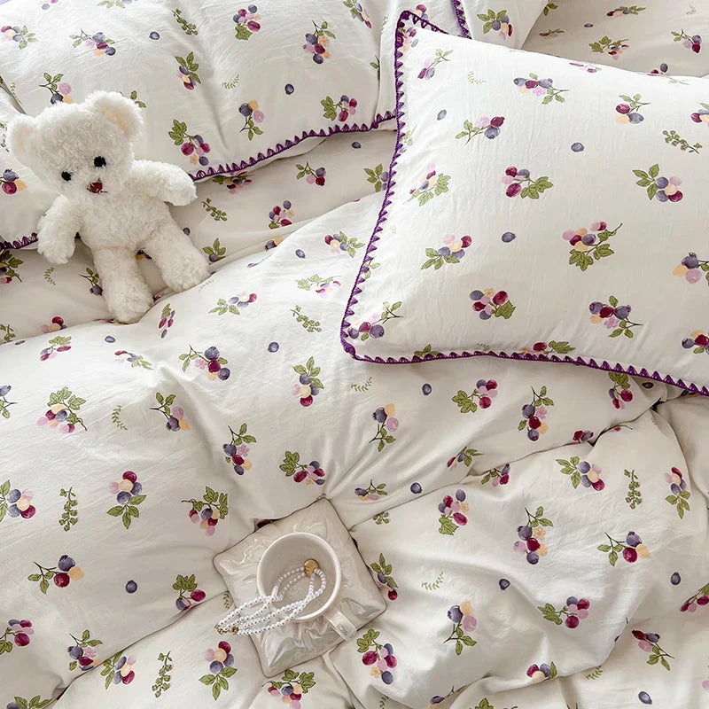 Cute Purple Grapes Fruit Duvet Cover Girls INS Bedding Set for Kids Queen Full Size Flat Bed Sheet Quilt Cover Pillowcase Kawaii