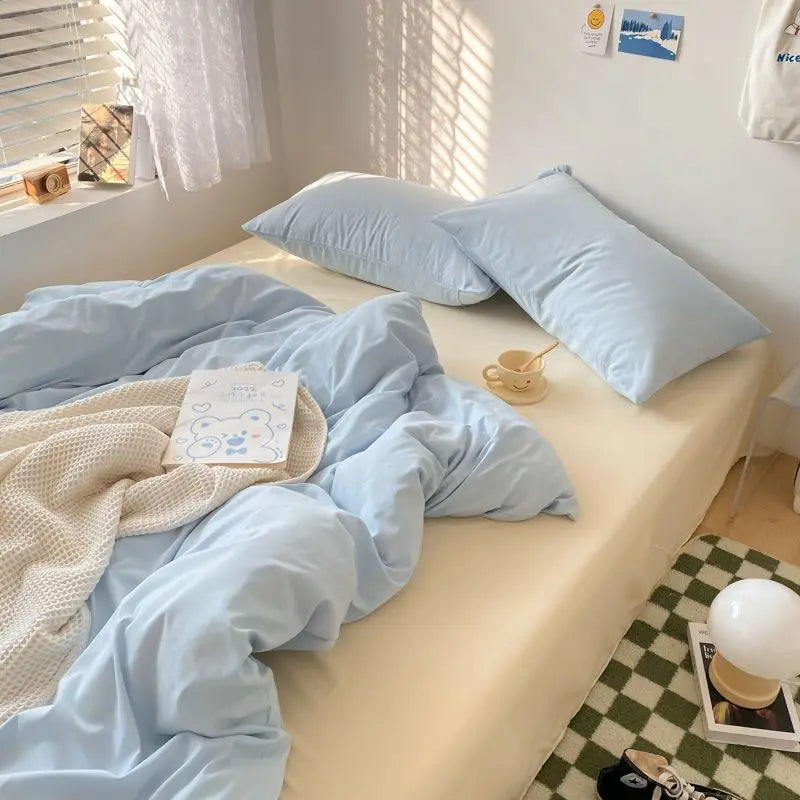 Korean Solid Color Bedding Set Adults Kids Twin Full Queen Size Soft Bed Flat Sheet Duvet Cover Set Pillowcases Simple Bed Linen