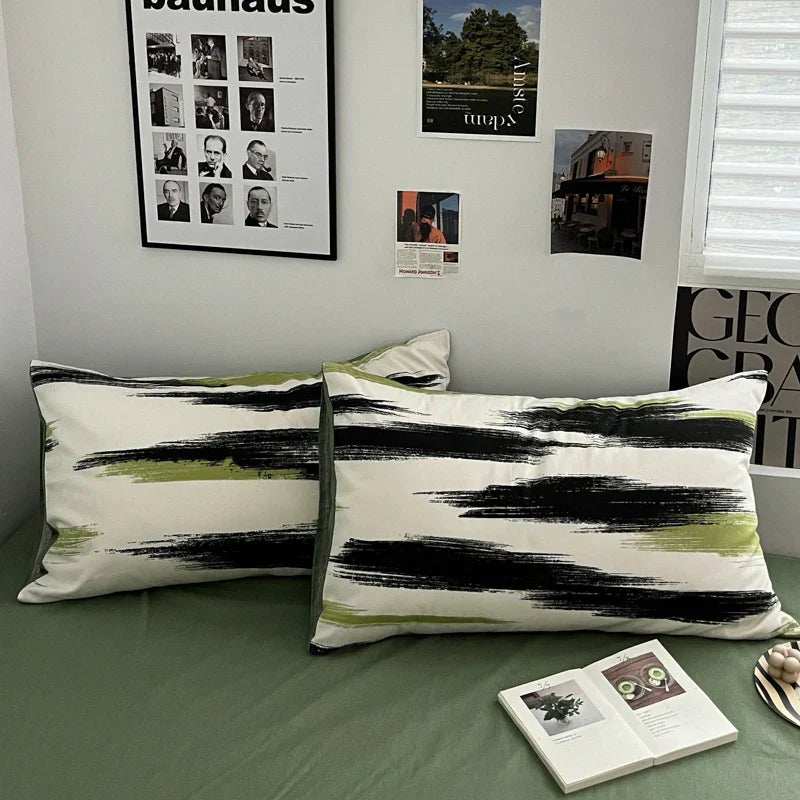 Ins Stripe Bedding Set Green Black Duvet Cover with Pillowcase Simple Quilt Cover Adults Single Double Full Size