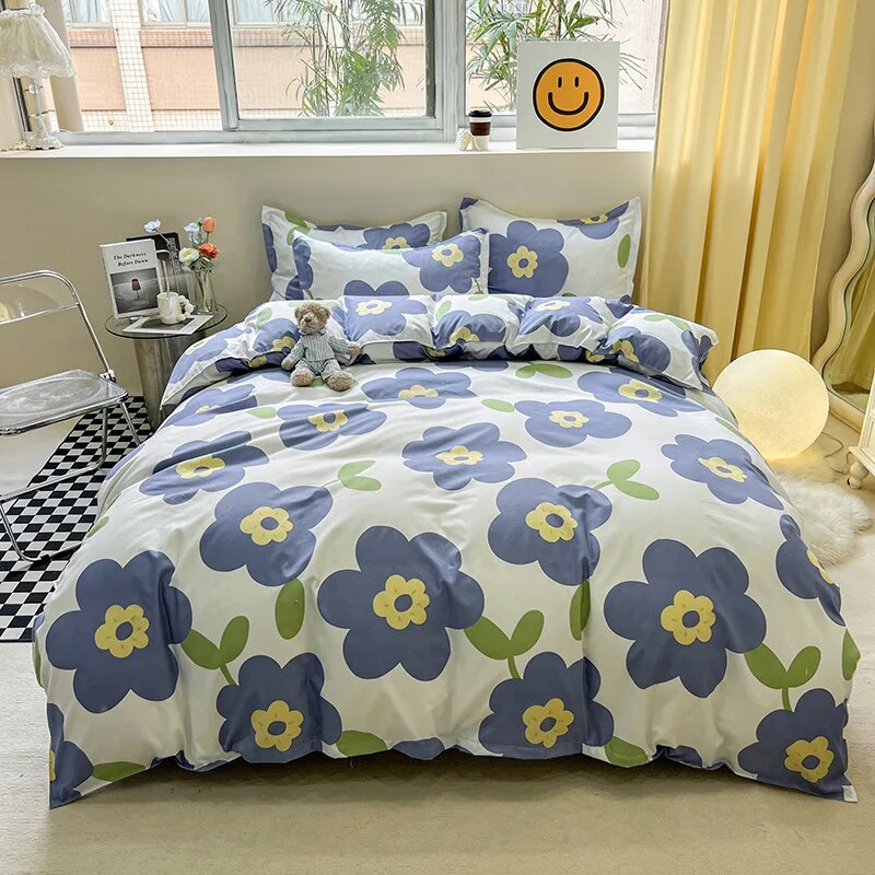  Floral Printed Duvet Cover Set with Sheet Pillowcases Warm Cute Cartoon Bed Linen Full Queen Size Home Gift Bedding Set