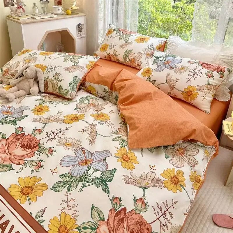 Kawaii Cherry Duvet Cover Set Pillowcase Flat Sheet Floral Boys Girls Twin Full Size Soft Bedding Kit Korean Ins Style Home Use