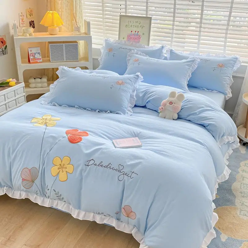 Ins Korean Style Bedding Set with Ruffles Princess Duvet Cover No Filling Flat Sheet Pillowcases Kit Girls Blue Pink Solid Color