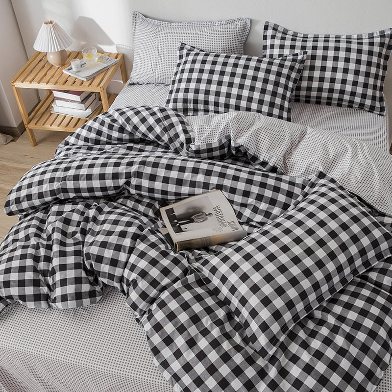 King Size Bedding Set with Quilt Cover Flat Sheet Pillowcase Kids Girls Boys Checkerboard Pinted Single Double Bed Linen