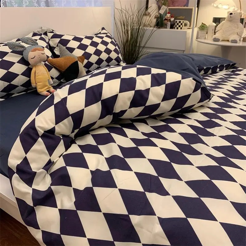 Nordic Pink Checkerboard Duvet Cover Sets With Pillowcases Flat Sheet Kids Girls Boys Full Queen Twin Size Kawaii Bedding Kit