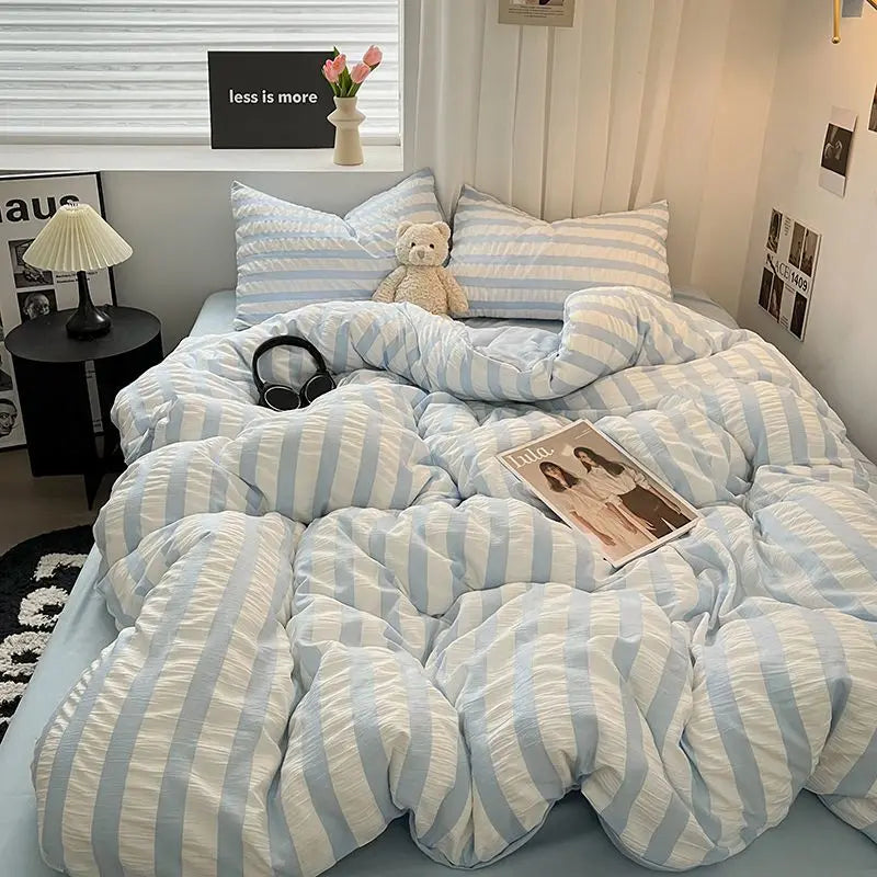 INS Blue White Stripe Seersucker Duvet Cover Bed Sheet Pillowcases NO Filler Princess Bedding Set Girls Home Textiles Full Size