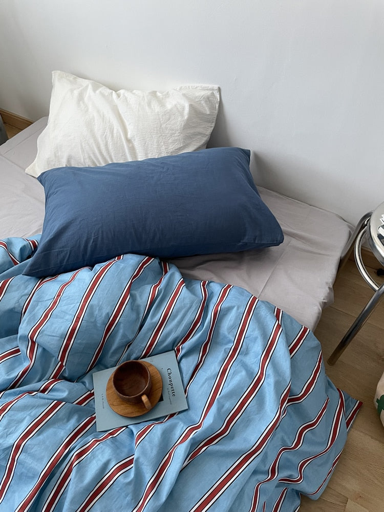 New 100% Cotton Blue Bedding Set Luxury Simple Striped Bed Sheet Quilt Cover Pillow Case Bed Hat Fashion Design 2.0m/1.2m Bed
