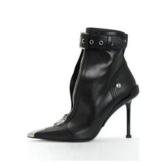 Edgy Pointed Ankle Boots: Belt Buckle & Zip |Golden Atelier