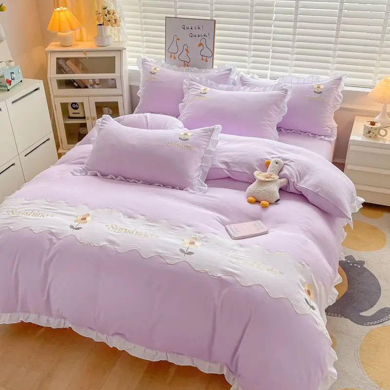 Ins Korean Style Bedding Set with Ruffles Princess Duvet Cover No Filling Flat Sheet Pillowcases Kit Girls Blue Pink Solid Color