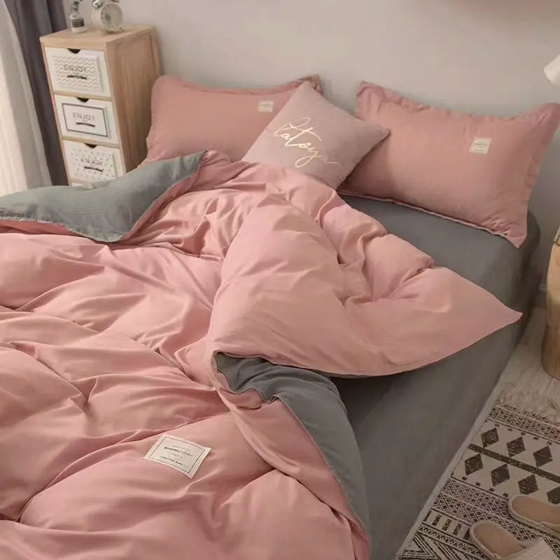 Nordic Princess Pink Bedding Set Girls Adults Twin Full Queen Size Bed Flat Sheet Duvet Cover Pillowcases Solid Color Bed Linen