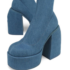 Denim Edgy Chunky Heeled Platform Boots