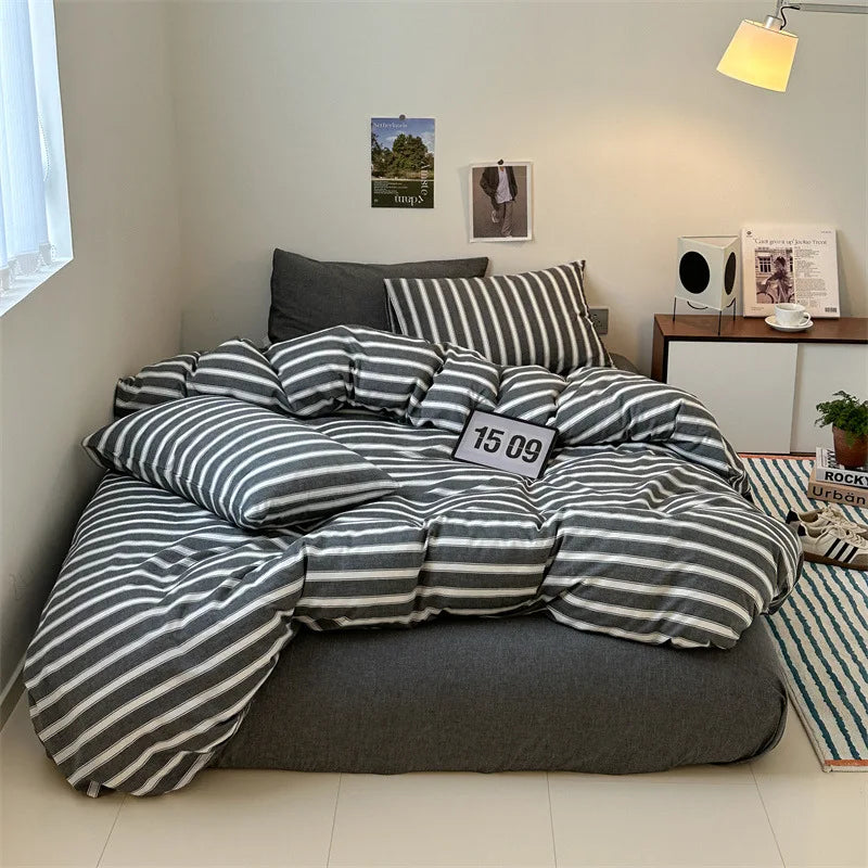 Cotton Japanese Duvet Cover Fitted Flat Sheet Pillowcase Set No Filling Single Double King Size Ins Style Bedding Kit