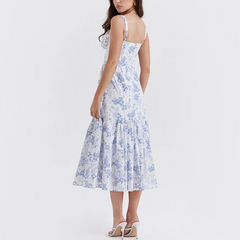 Blue Floral Layered Midi A-Line Dress