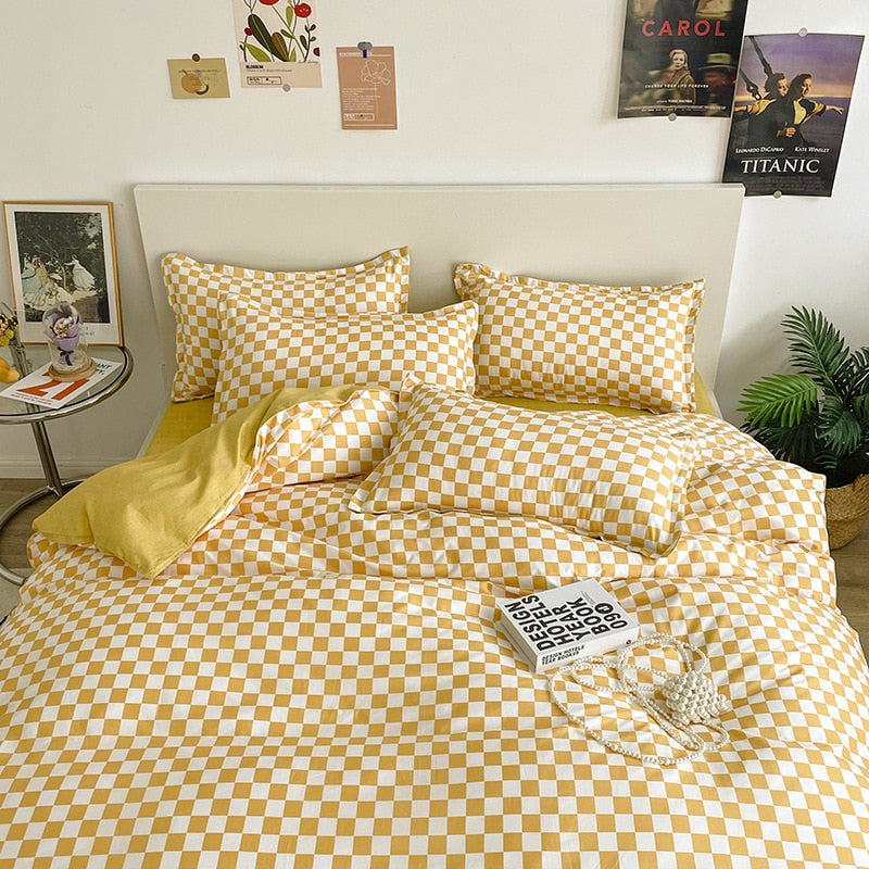 King Size Bedding Set with Quilt Cover Flat Sheet Pillowcase Kids Girls Boys Checkerboard Pinted Single Double Bed Linen