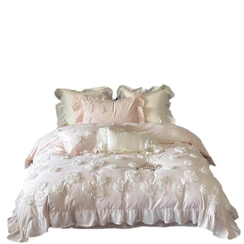 Princess Style 3D Flower Bedding Set 100 Thread Count Autumn and Winter Cotton Duvet Cover Solid White Quilt Covers with Ruffles