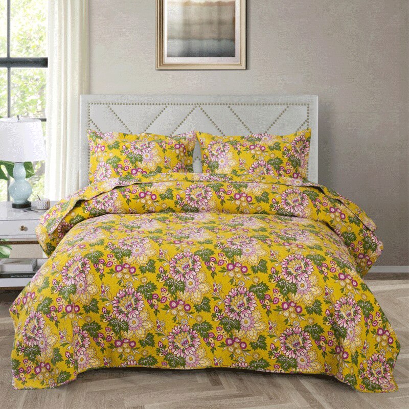 Single Double Bed Cotton Botanical Flower 3pcs Printed Quilted Quilt Pillowcase Free Shipping lençol de cama casal أسرّة