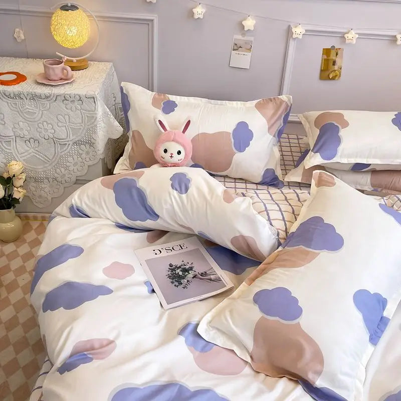 Ins Style Bedding Set No Filler Purple Tulip Fashion Duvet Cover Flat Sheet Pillowcase Girls Boys Single Double Size Bed Linen