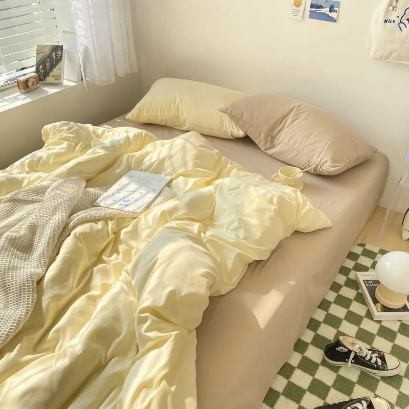 Korean Solid Color Bedding Set Adults Kids Twin Full Queen Size Soft Bed Flat Sheet Duvet Cover Set Pillowcases Simple Bed Linen