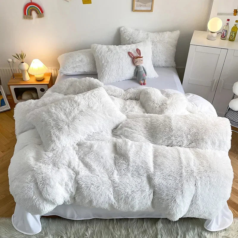 Plush Bedding Set Soft Fluffy Faux Fur Duvet Cover Sheet Pillowcase Fuzzy warm Bedlinens