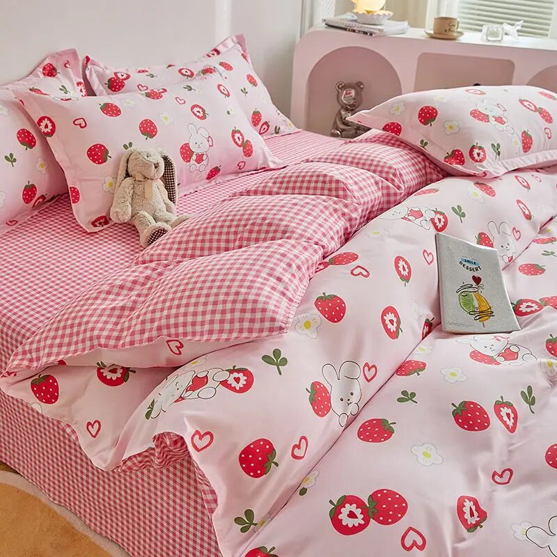 Kawaii Cherry Duvet Cover Set Pillowcase Flat Sheet Floral Boys Girls Twin Full Size Soft Bedding Kit Korean Ins Style Home Use