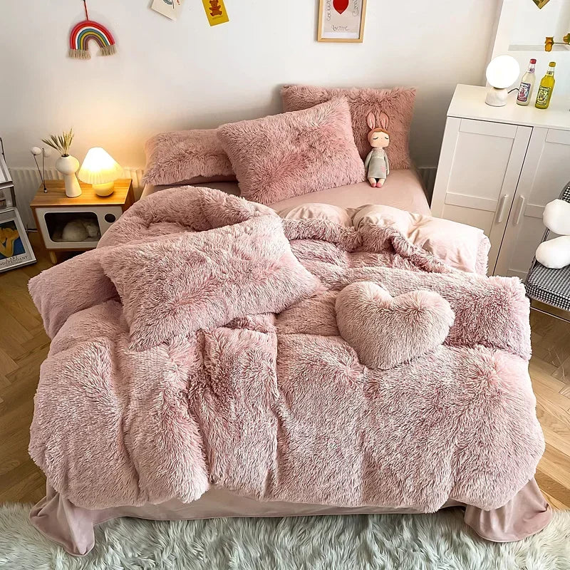 Plush Bedding Set Soft Fluffy Faux Fur Duvet Cover Sheet Pillowcase Fuzzy warm Bedlinens