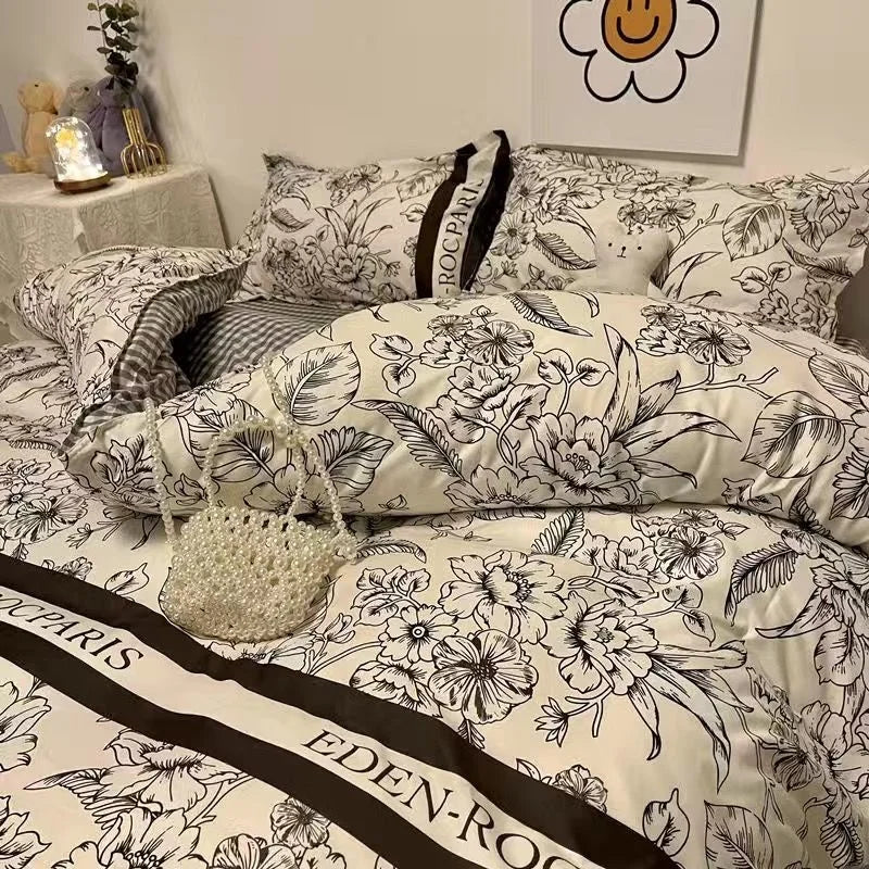 INS Gradual Cream Pink Green Bedding Set Floral Duvet Cover Pillowcase Kawaii Bed Sheet Quilt Cover Single Queen King Size